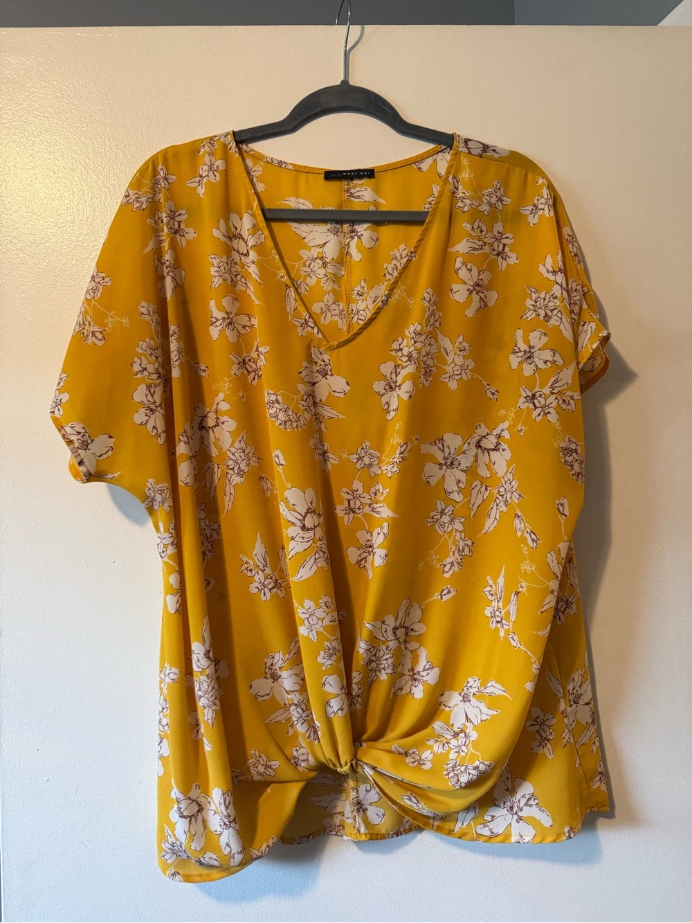 West Kei Mustard Yellow Floral Knot-Front Blouse